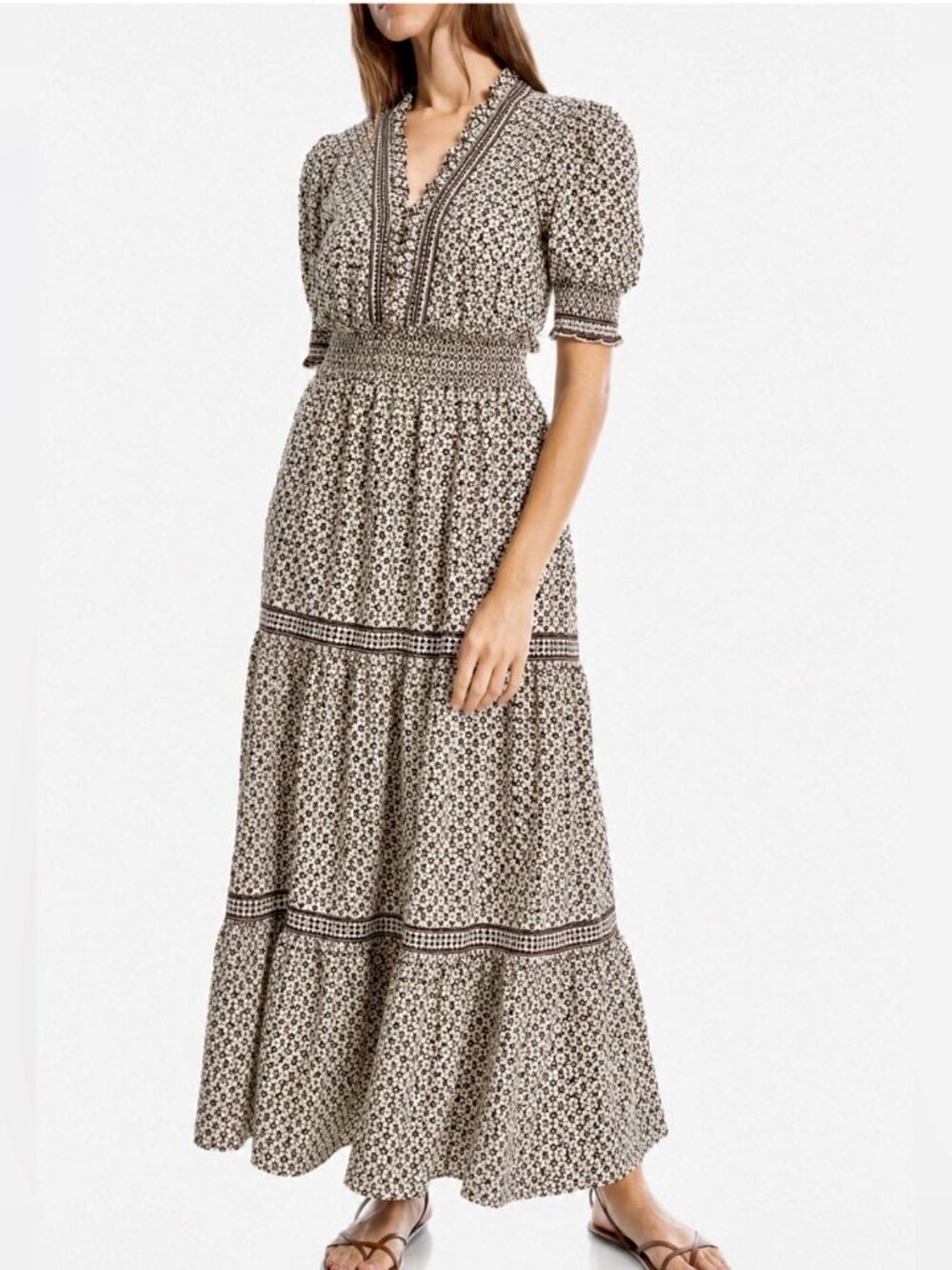 Max Studio Tiered Puff Sleeve Boho Maxi Dress in Mocha/Cream Size: S